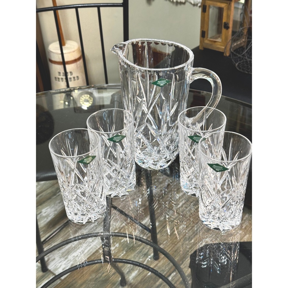 Shannon Crystal Dublin Pattern 5 Piece Set Pitcher and 4 Highball Glasses Clear